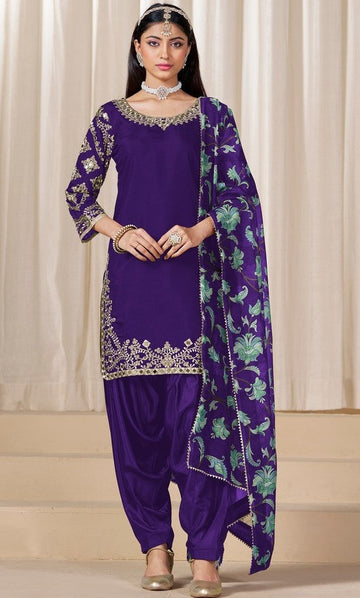 Tasteful Purple Color Silk Fabric Patiala Suit