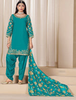 Tasteful Turquoise Color Silk Fabric Patiala Suit