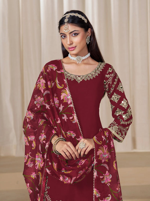 Tasteful Maroon Color Silk Fabric Patiala Suit