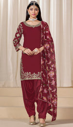 Tasteful Maroon Color Silk Fabric Patiala Suit