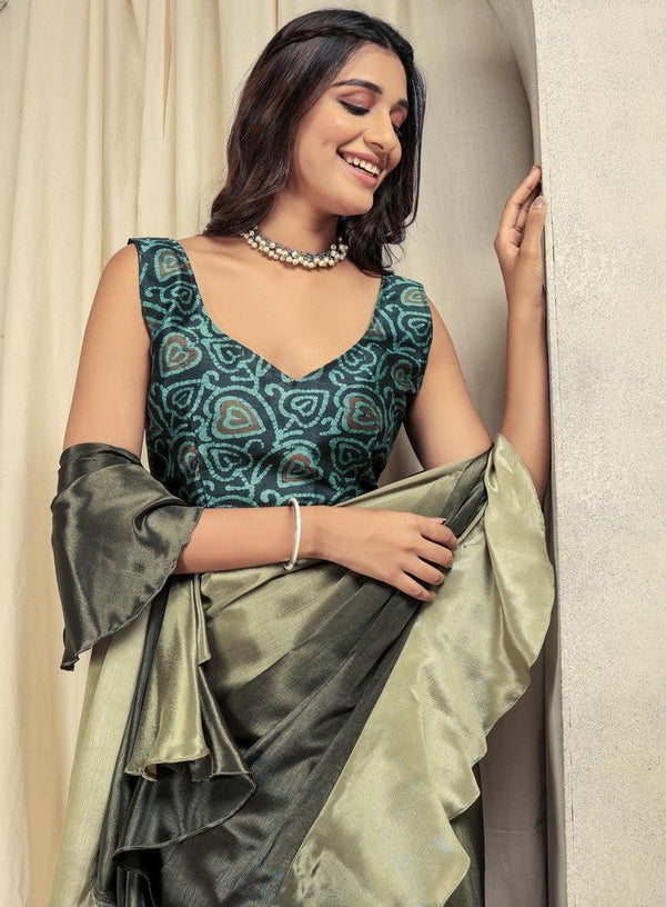 Amazing Green Color Satin Fabric Designer Saree