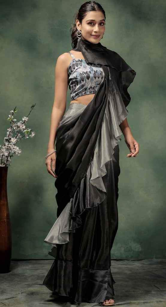 Amazing Grey Color Satin Fabric Designer Saree