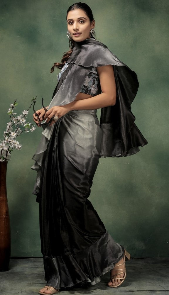 Amazing Grey Color Satin Fabric Designer Saree