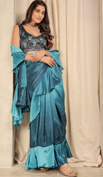 Amazing Teal Color Satin Fabric Designer Saree