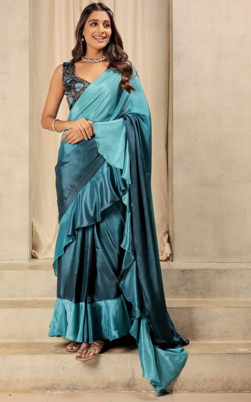 Amazing Teal Color Satin Fabric Designer Saree