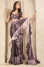 Amazing Wine Color Satin Fabric Designer Saree