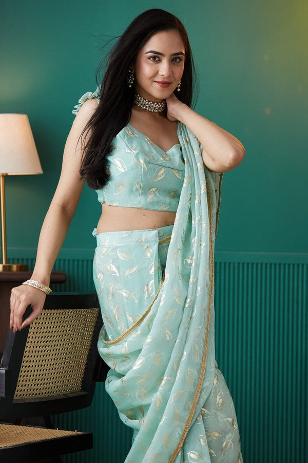 Elegant Aqua Color Organza Fabric Designer Saree