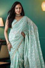 Elegant Aqua Color Organza Fabric Designer Saree