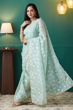 Elegant Aqua Color Organza Fabric Designer Saree