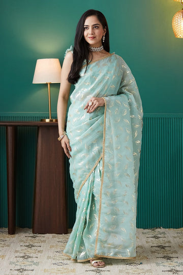 Elegant Aqua Color Organza Fabric Designer Saree