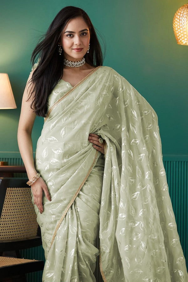 Elegant Green Color Organza Fabric Designer Saree