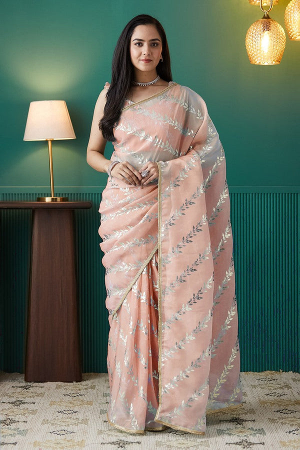Elegant Peach Color Organza Fabric Designer Saree
