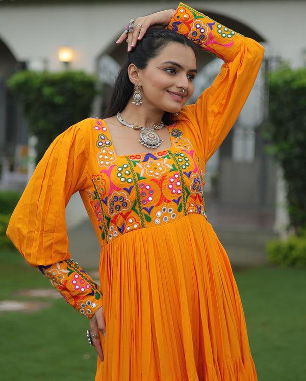 Striking Yellow Color Rayon Fabric Gown