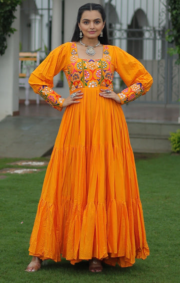 Striking Yellow Color Rayon Fabric Gown
