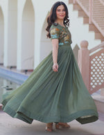 Striking Green Color Silver Crunchy Fabric Gown
