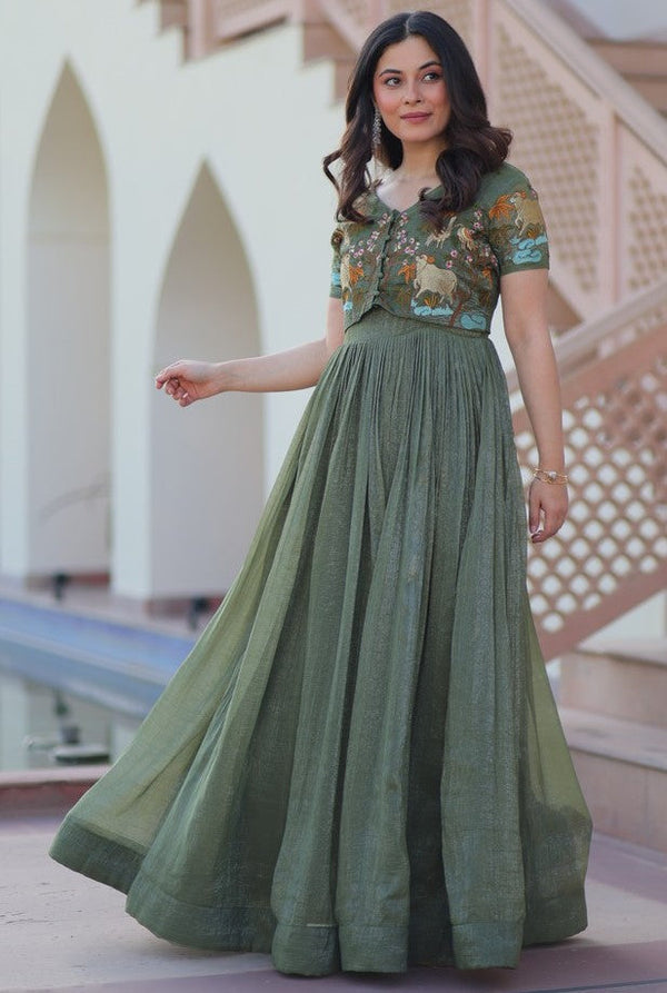 Striking Green Color Silver Crunchy Fabric Gown