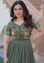 Striking Green Color Silver Crunchy Fabric Gown