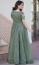 Striking Green Color Silver Crunchy Fabric Gown