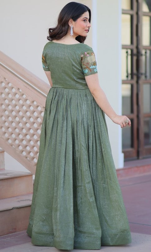 Striking Green Color Silver Crunchy Fabric Gown