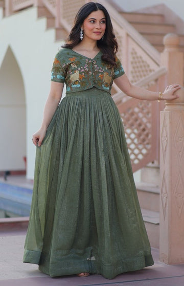 Striking Green Color Silver Crunchy Fabric Gown
