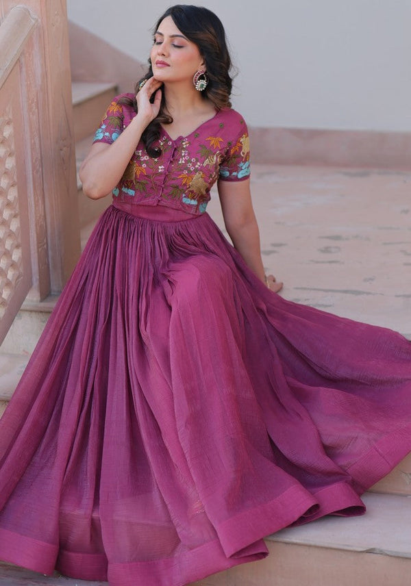 Striking Pink Color Silver Crunchy Fabric Gown