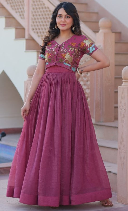 Striking Pink Color Silver Crunchy Fabric Gown