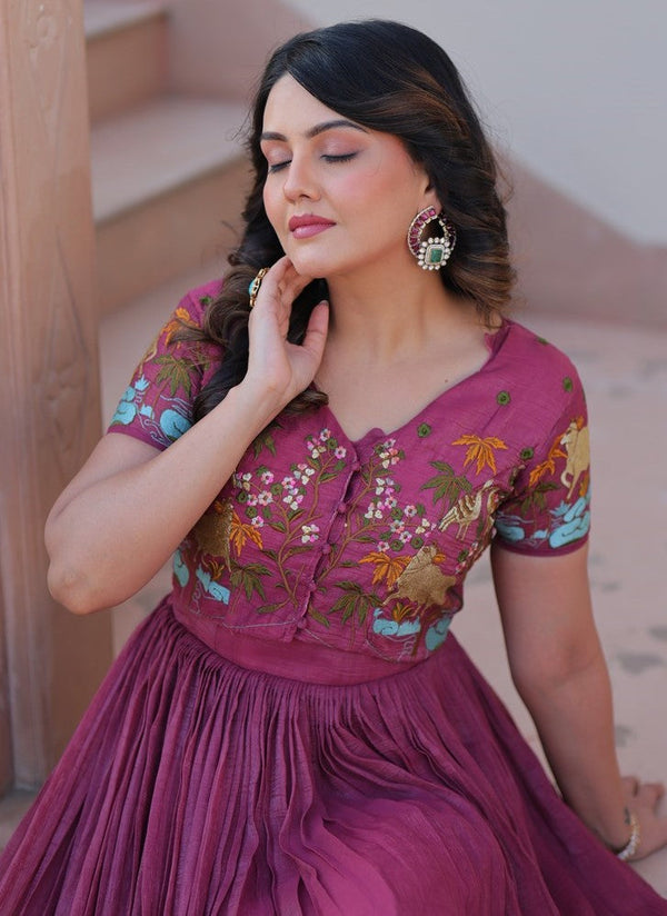 Striking Pink Color Silver Crunchy Fabric Gown