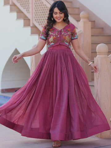 Striking Pink Color Silver Crunchy Fabric Gown