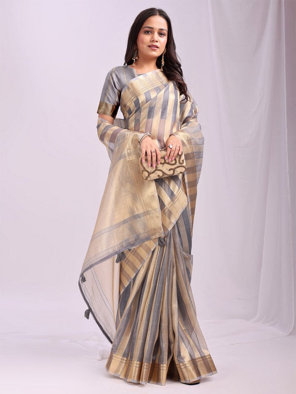 Amazing Grey Color Organza Fabric Casual Saree