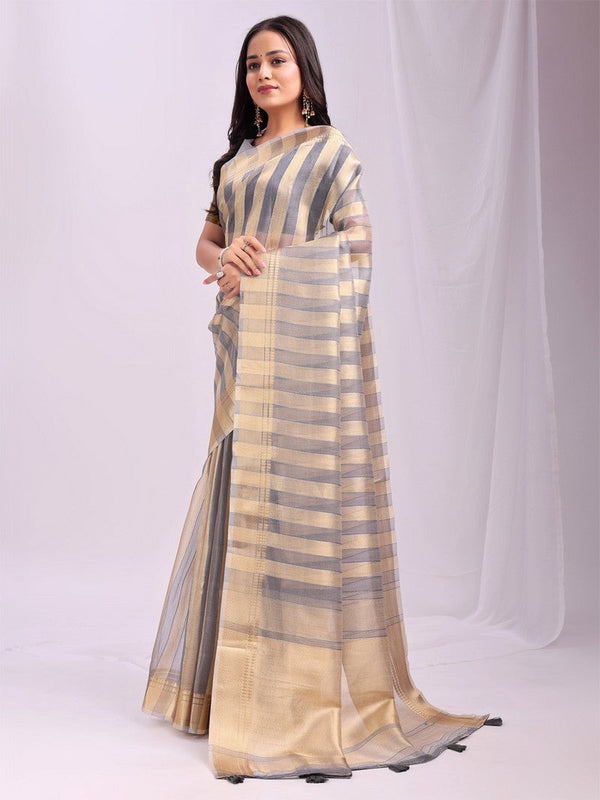 Amazing Grey Color Organza Fabric Casual Saree