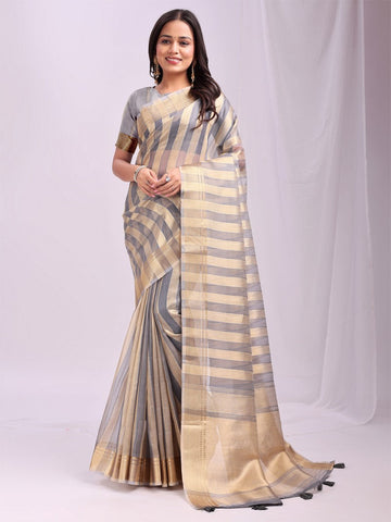 Amazing Grey Color Organza Fabric Casual Saree