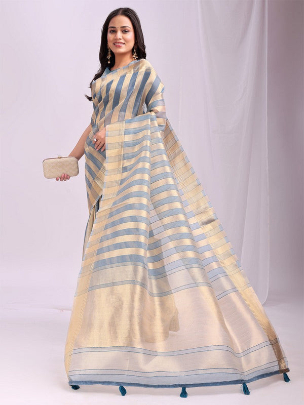 Amazing Aqua Color Organza Fabric Casual Saree