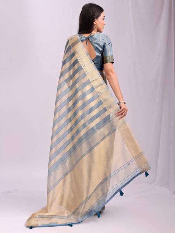 Amazing Aqua Color Organza Fabric Casual Saree