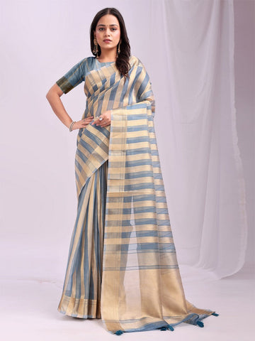 Amazing Aqua Color Organza Fabric Casual Saree
