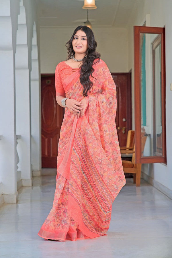Lovely Peach Color Cotton Fabric Casual Saree