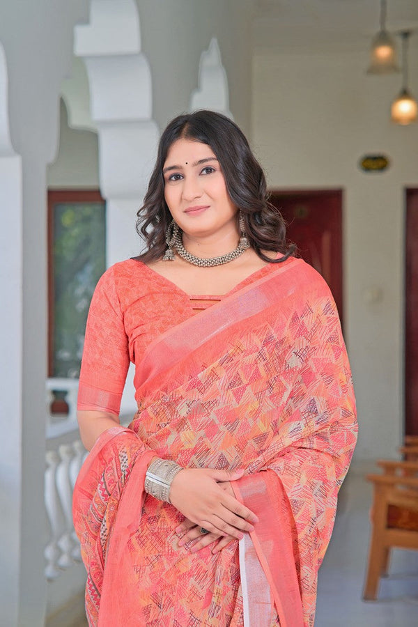 Lovely Peach Color Cotton Fabric Casual Saree