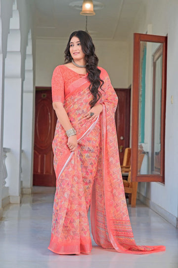 Lovely Peach Color Cotton Fabric Casual Saree