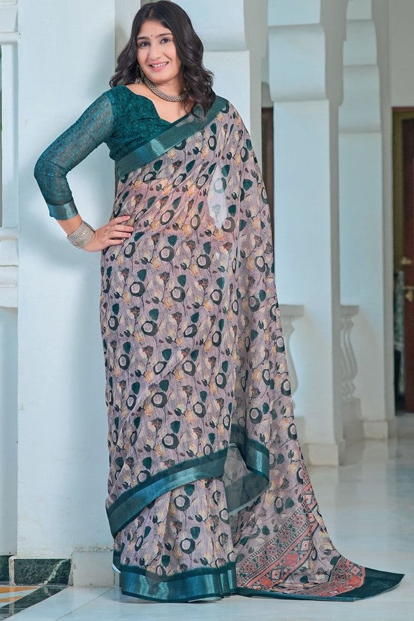 Lovely Grey Color Cotton Fabric Casual Saree