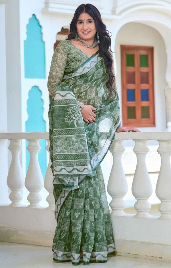 Lovely Green Color Cotton Fabric Casual Saree