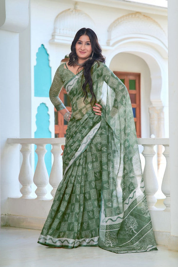Lovely Green Color Cotton Fabric Casual Saree