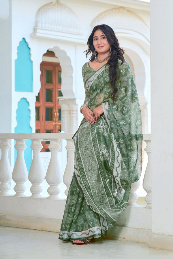 Lovely Green Color Cotton Fabric Casual Saree