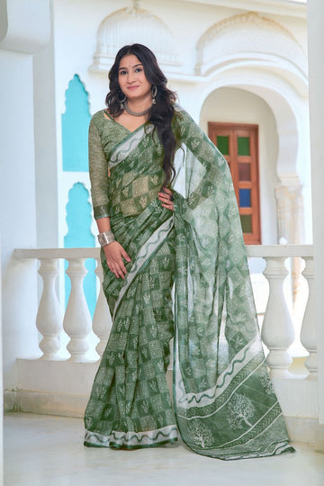 Lovely Green Color Cotton Fabric Casual Saree