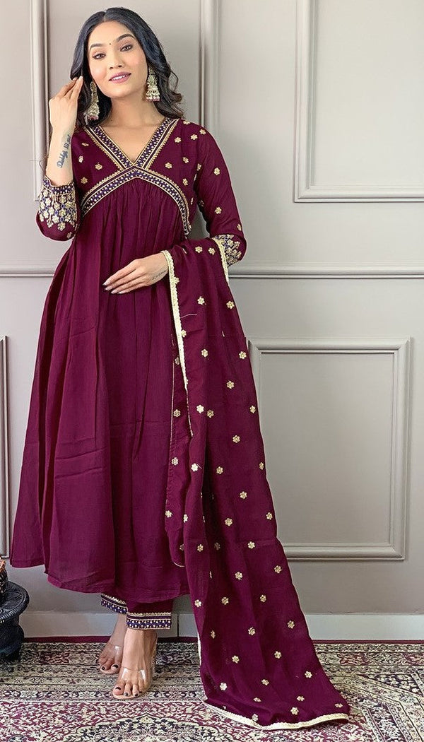 Amazing Wine Color Vichitra Fabric Designer Suit