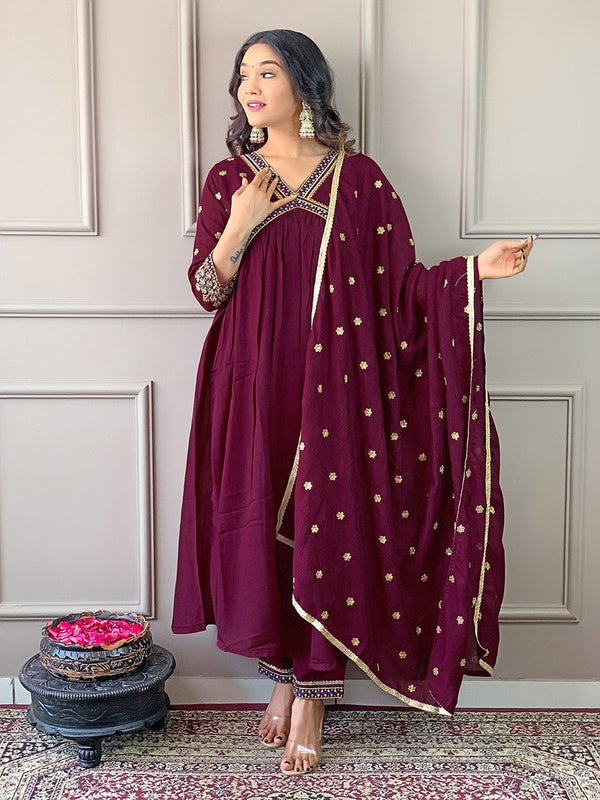 Amazing Wine Color Vichitra Fabric Designer Suit