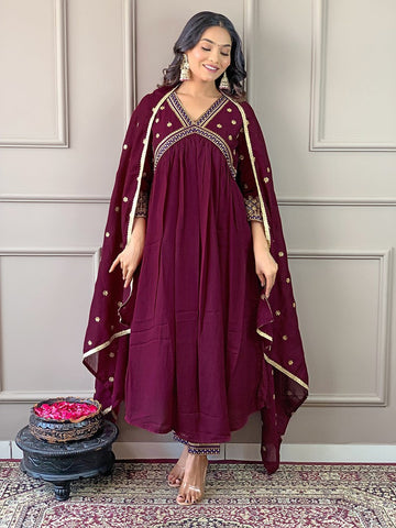 Amazing Wine Color Vichitra Fabric Designer Suit