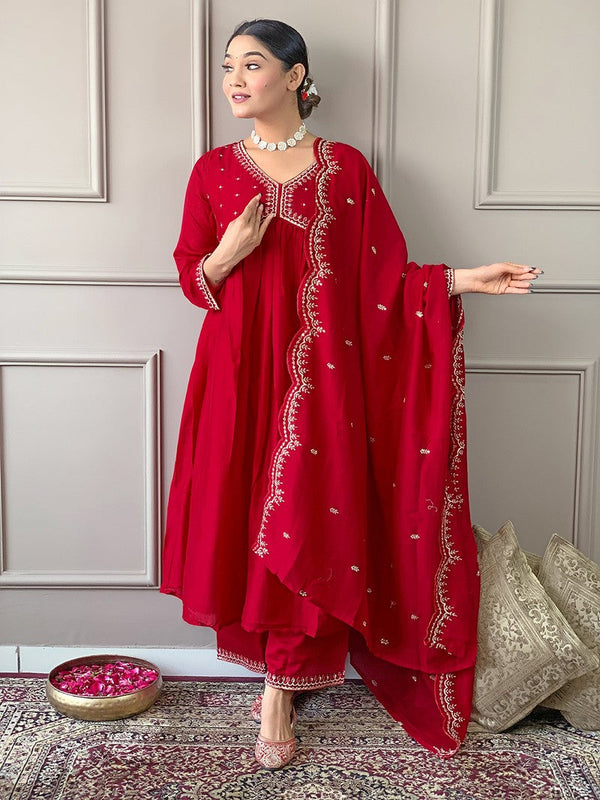 Amazing Red Color Vichitra  Fabric Designer Suit