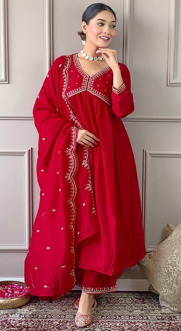 Amazing Red Color Vichitra  Fabric Designer Suit