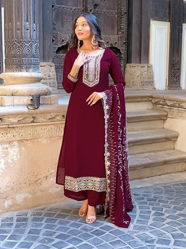 Amazing Wine Color Vichitra  Fabric Designer Suit
