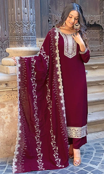 Amazing Wine Color Vichitra  Fabric Designer Suit