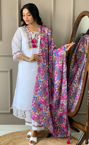 Amazing White Color Chanderi Fabric Designer Suit